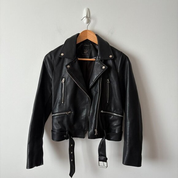 Zara Faux Leather Biker Jacket Cropped Black Size Small - Picture 3 of 7